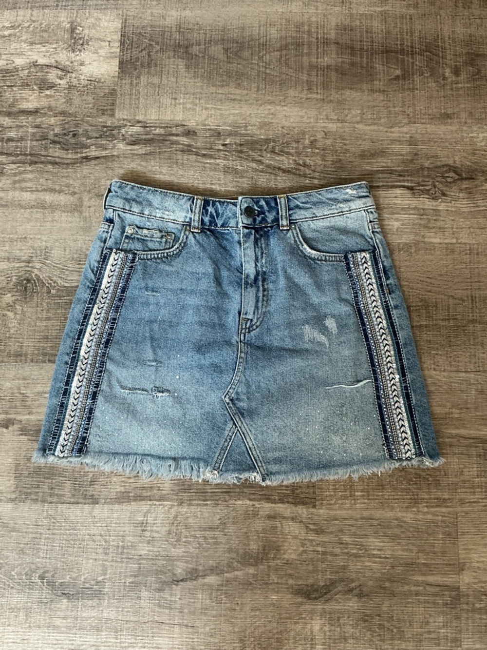 Free People Women Skirt 6 Blue Denim Distressed Embellished Mini Boho